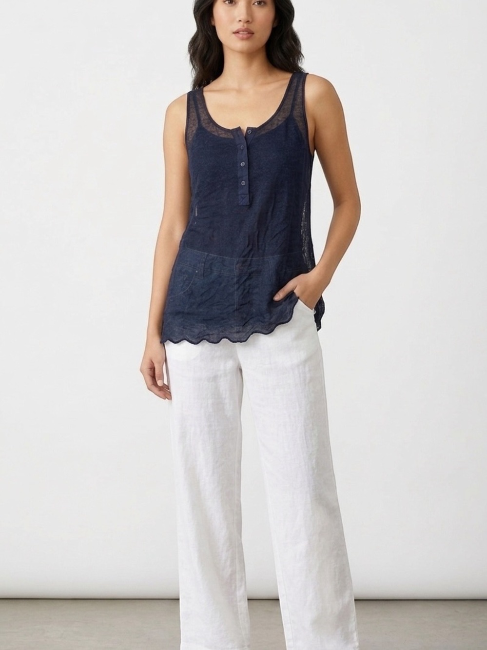 Eileen Fisher Navy Sleeveless Linen Blend Tank Top